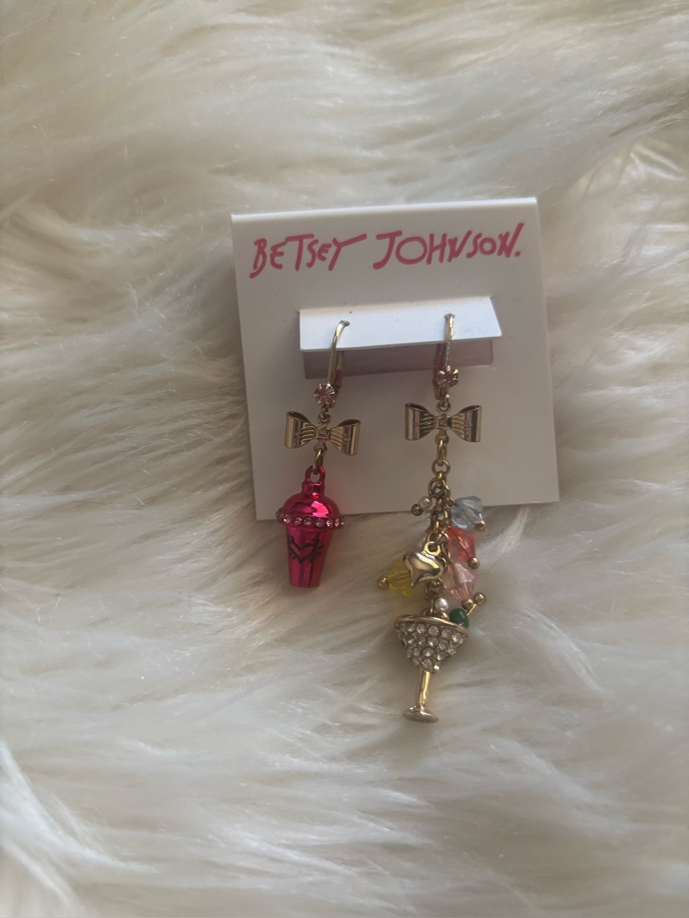 Betsey Johnson Gold Bow Dangle Earrings with Pink & Multi Charms